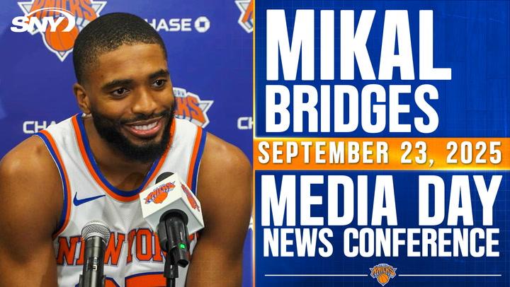 Mikal Bridges at New York Knicks media day news conference on September 23, 2025.