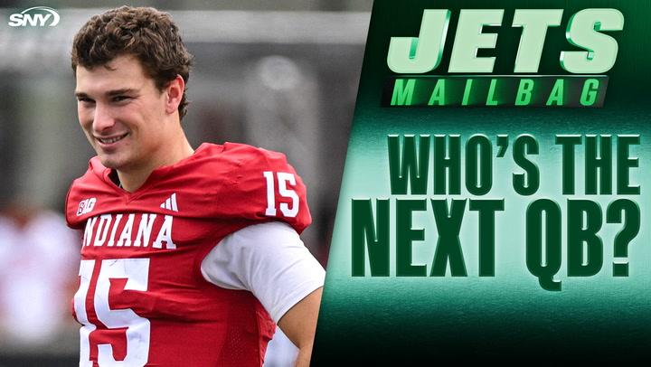 Indiana player in red jersey with number 15 shown next to text reading "JETS MAILBAG WHO'S THE NEXT QB