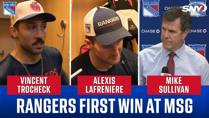 Vincent Trocheck, Alexis Lafreniere, and Mike Sullivan featured with text "Rangers first win at MSG".
