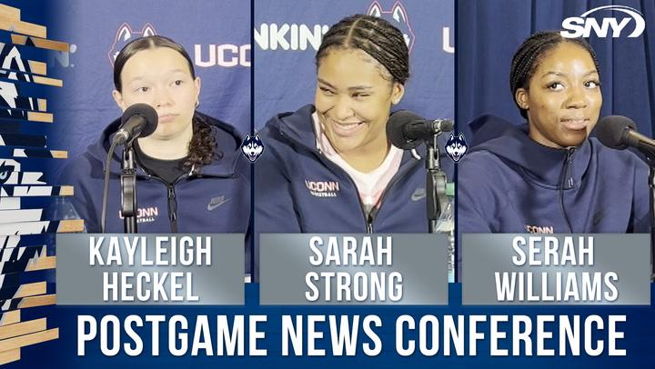 UConn players Kayleigh Heckel, Sarah Strong, and Serah Williams at postgame news conference.
