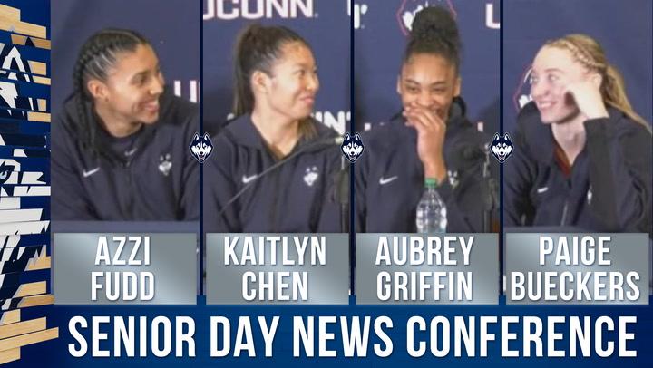 Azzi Fudd, Kaitlyn Chen, Aubrey Griffin, and Paige Bueckers speak at UConn's senior day conference.