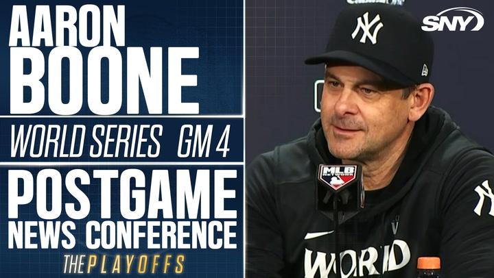 Aaron Boone discusses Yankees' resilience in Game 4 victory to avoid World Series sweep.