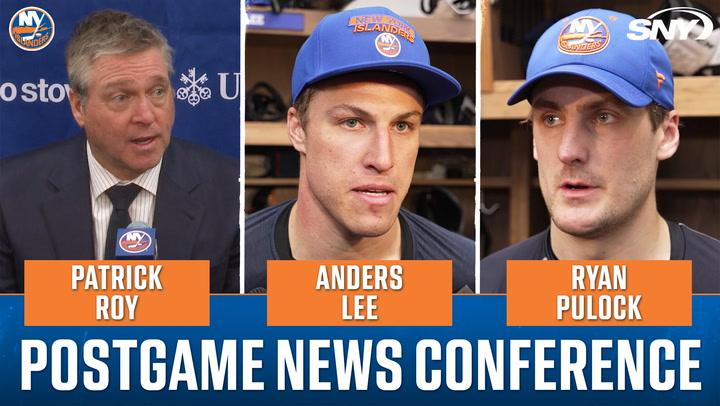 Patrick Roy, Anders Lee, and Ryan Pulock discuss losses at Islanders' postgame conference.