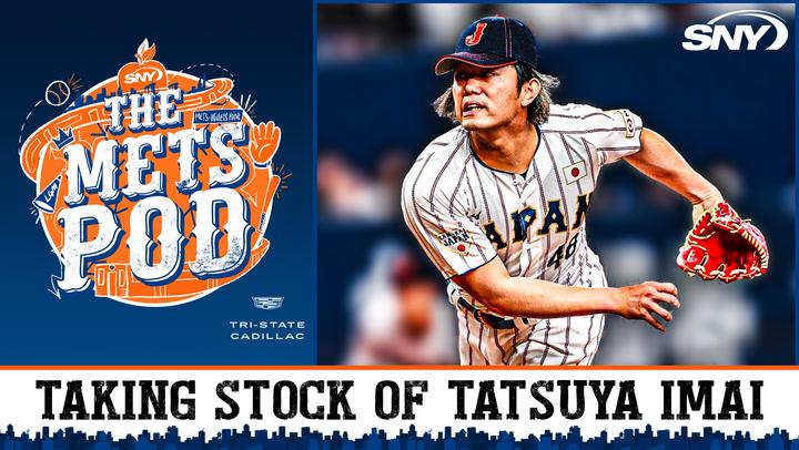 The Mets Pod episode discusses Tatsuya Imai, featuring artwork with Imai pitching in a Japan uniform and prominent Mets branding