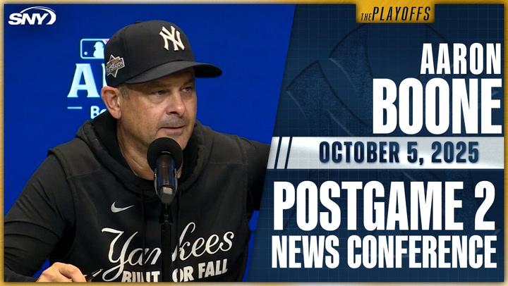 Yankees manager Aaron Boone at the October 5, 2025, Postgame 2 Playoffs news conference.