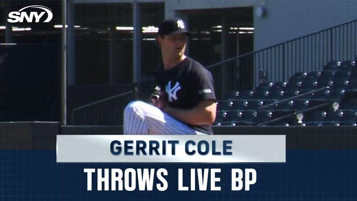 Gerrit Cole throws live batting practice at Yankees spring training for the 2025 MLB season.