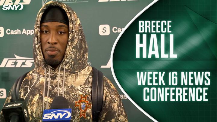 Breece Hall at Jets news conference discussing knee injury and goal to reach 1,000 yards.