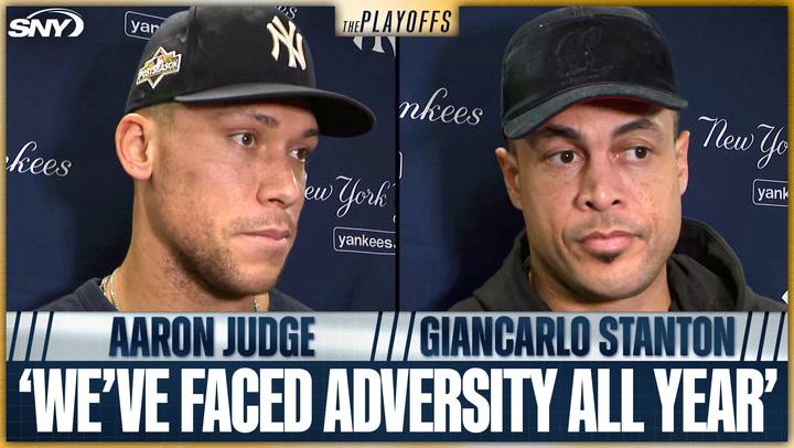 Aaron Judge and Giancarlo Stanton of the Yankees discussing playoff challenges with the quote "We’ve faced adversity all year" displayed