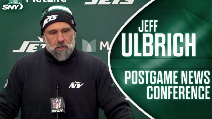 Jeff Ulbrich discusses Jets' fourth-down gambles and red zone issues in postgame interview.