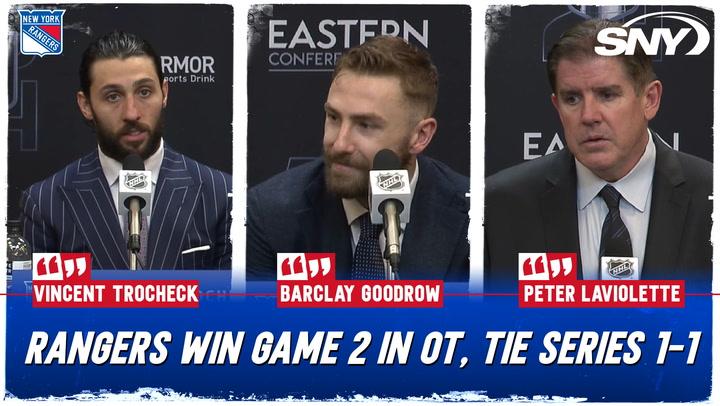 Barclay Goodrow, Vincent Trocheck and Peter Laviolette talk Rangers OT win to tie series vs Panthers