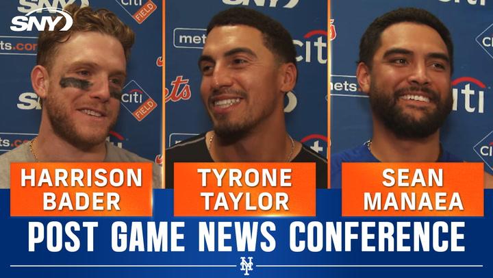 Harrison Bader, Tyrone Taylor, Sean Manaea at press event