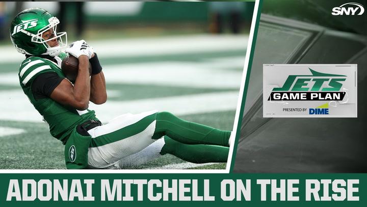Adonai Mitchell of the Jets highlighted with the headline "Adonai Mitchell on the Rise" on SNY's Jets