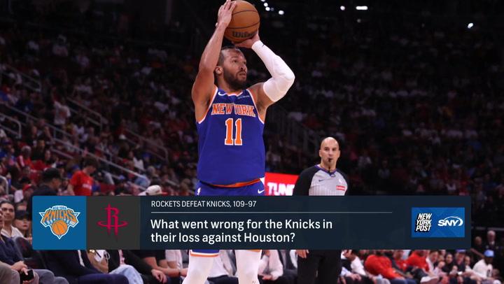 Knicks player attempts a shot against Rockets; discussing their need for more on-floor chemistry.