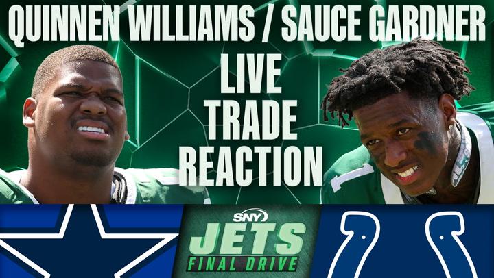 Quinnen Williams and Sauce Gardner live trade reaction with Cowboys, Jets, and Colts logos shown.