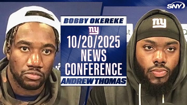 Bobby Okereke and Andrew Thomas at Giants news conference on 10/20/2025.