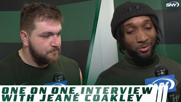 One on one interview with two Jets players for SNY, with text reading "One on one interview with Jeané Coak