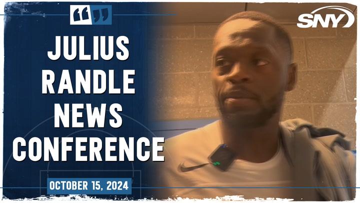 Julius Randle at a Knicks news conference, discussing his MSG tribute video and rehab.