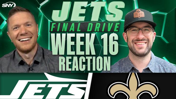 Jets Final Drive Week 16 reaction with images of two hosts and logos for the Jets and Saints.
