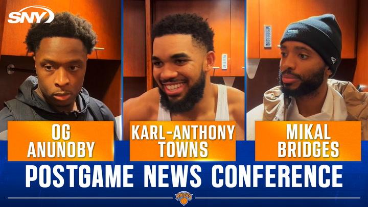 OG Anunoby, Karl-Anthony Towns, and Mikal Bridges discuss Knicks' 125-101 win over Hornets.