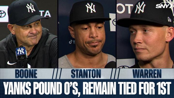 Boone, Stanton, and Warren of the Yankees discuss win over Orioles; headline reads "Yanks pound O’s, remain