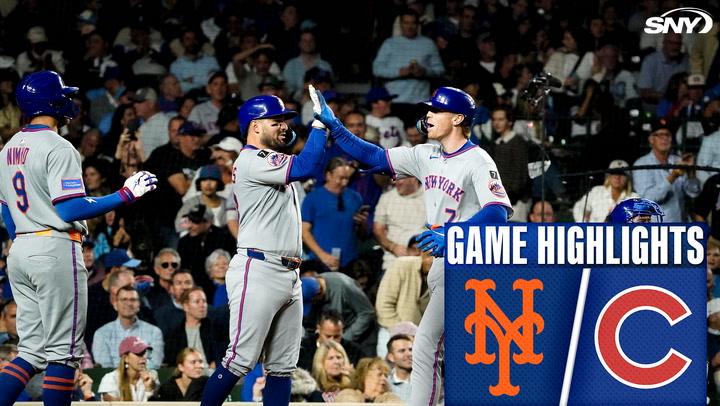 Mets vs. Cubs game highlights, SNY broadcast, Mets players celebrating.