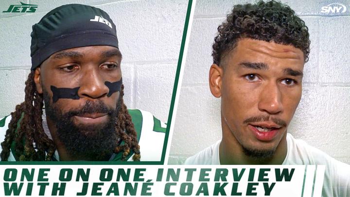 New York Jets WR Allen Lazard and CJ Mosley in post-game interview with Jeane Coakley after 32-19 defeat.