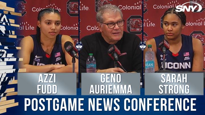 Coach Geno Auriemma, Azzi Fudd, and Sarah Strong discuss UConn's win over South Carolina.