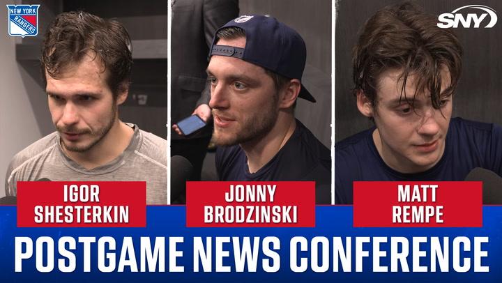 Three Rangers players, Shesterkin, Brodzinski, and Rempe, discuss a 5-1 victory over Islanders.