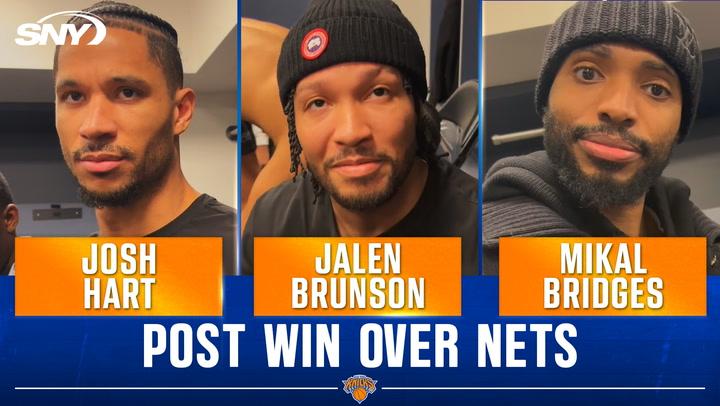 Knicks starters Josh Hart, Jalen Brunson, and Mikal Bridges celebrate win over Nets.