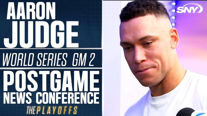 Aaron Judge at postgame conference after Yankees' 0-2 World Series loss, reflecting on struggles.