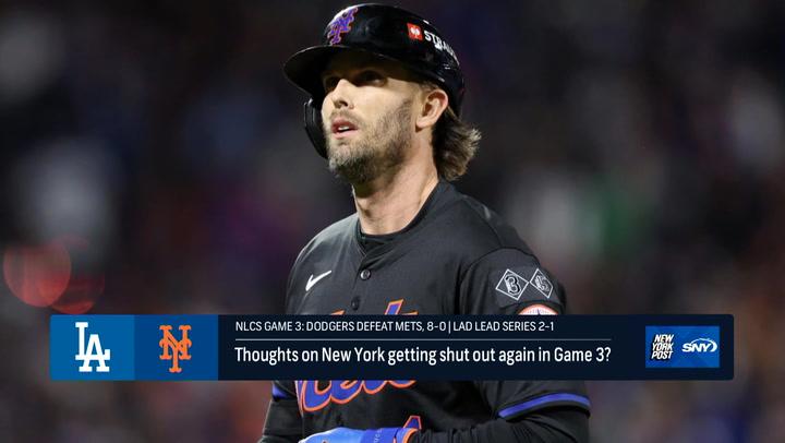 Mets player looks on during Game 3 loss to Dodgers. Keys to avoiding shutout in Game 4 NLCS.