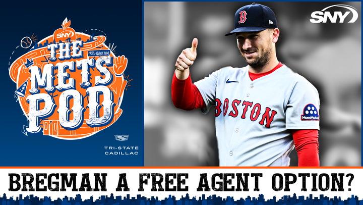 The Mets Pod discusses if Bregman is a free agent option, with a photo of a Boston player giving a thumbs-up