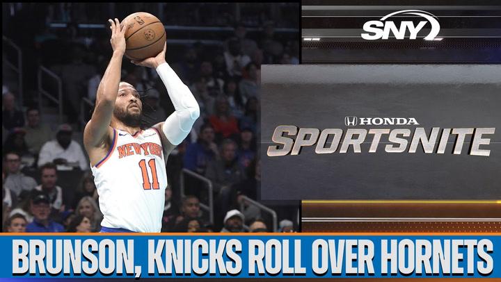 Jalen Brunson shoots for the Knicks with headline "Brunson, Knicks roll over Hornets" on SNY Sports