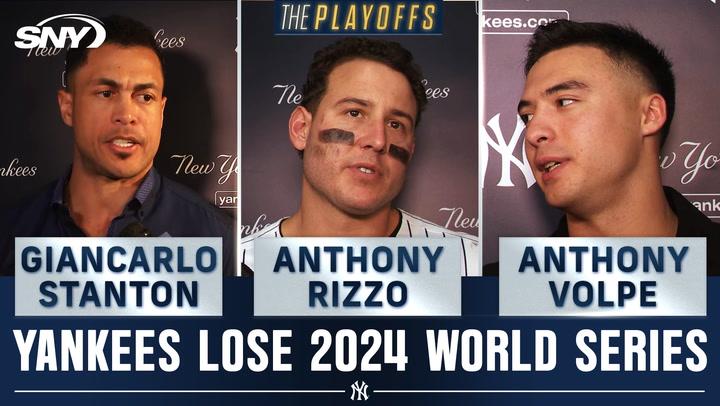 Giancarlo Stanton, Anthony Rizzo, and Anthony Volpe address media after Yankees' World Series loss.