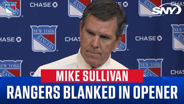 Mike Sullivan addresses media after Rangers shut out in opener, with New York Rangers logo and SNY branding visible.