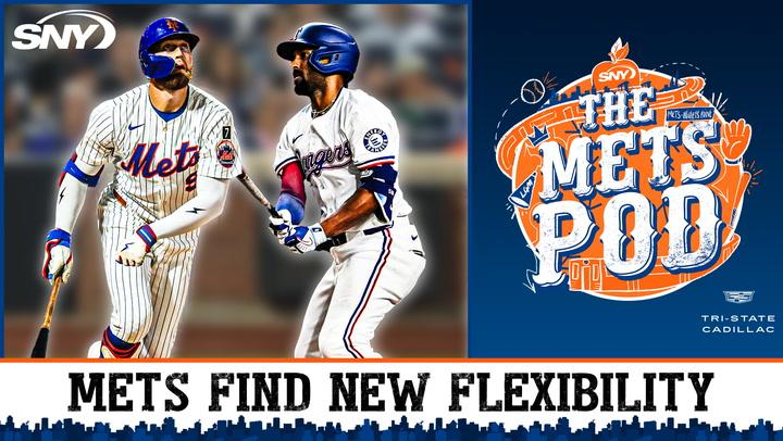 Mets and Dodgers players featured with "The Mets Pod" logo and headline "Mets Find New Flexibility."