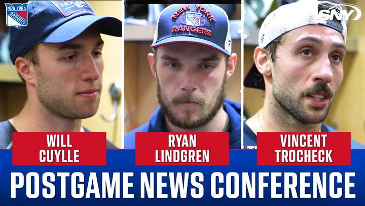 Postgame conference with Will Cuylle, Ryan Lindgren, Vincent Trocheck after tough Rangers loss.