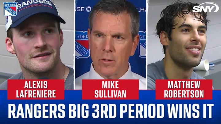 Alexis Lafreniere, Mike Sullivan, and Matthew Robertson highlighted, with text stating "Rangers big 3rd period
