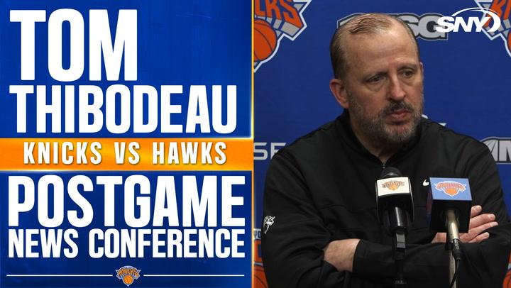 Tom Thibodeau discusses Knicks' 149-148 OT win, focusing on resilience after lead loss.