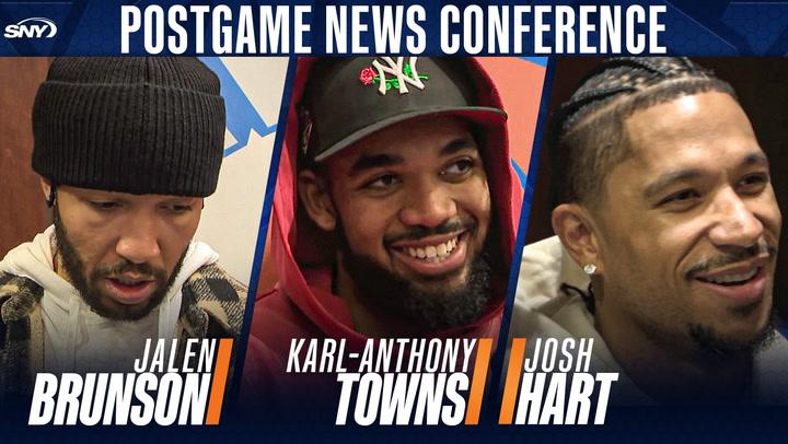 Jalen Brunson, Karl-Anthony Towns, and Josh Hart featured for the postgame news conference.
