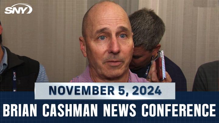 Brian Cashman discusses Steve Cohen's bid for Juan Soto at a Yankees news conference.