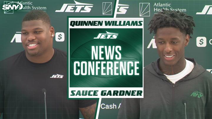 Jets' Quinnen Williams and Sauce Gardner discuss strategy versus Vikings' offense at a press conference.