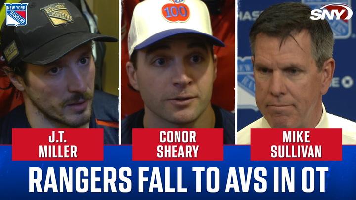 J.T. Miller, Conor Sheary, and Mike Sullivan featured with headline "Rangers fall to Avs in OT