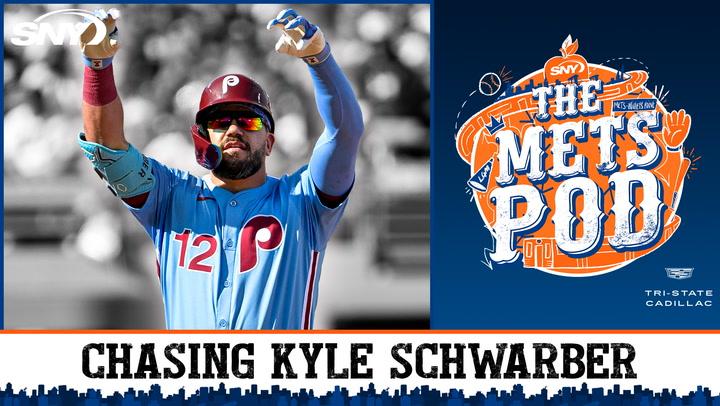 Kyle Schwarber of the Phillies featured with the text "Chasing Kyle Schwarber" and "The Mets Pod" podcast logo