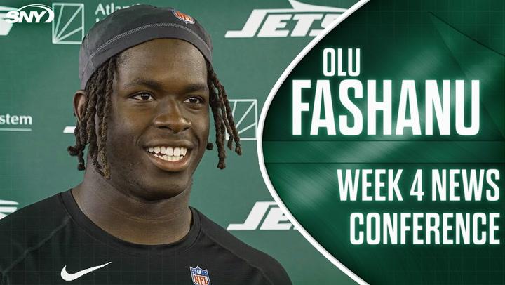 Olu Fashanu at Week 4 news conference, happy to learn from Jets' veteran offensive linemen.