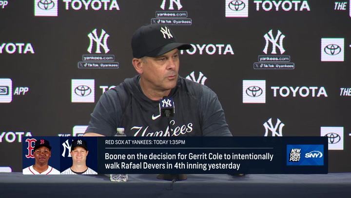 Yankees manager Aaron Boone discusses Oswaldo Cabrera starting at 1B vs Bosox on Sunday and more.