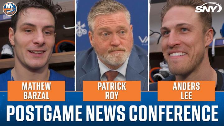 Mathew Barzal, Patrick Roy, and Anders Lee featured in Islanders postgame news conference.