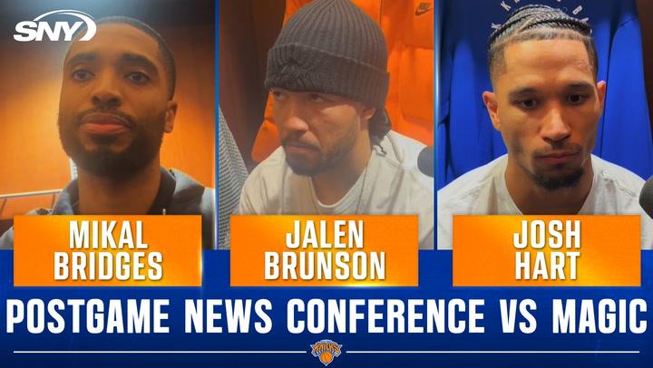 Mikal Bridges, Jalen Brunson, and Josh Hart discuss Knicks' three-point struggles after loss.