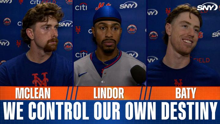 Mets players McLean, Lindor, and Baty with the text "WE CONTROL OUR OWN DESTINY" displayed at