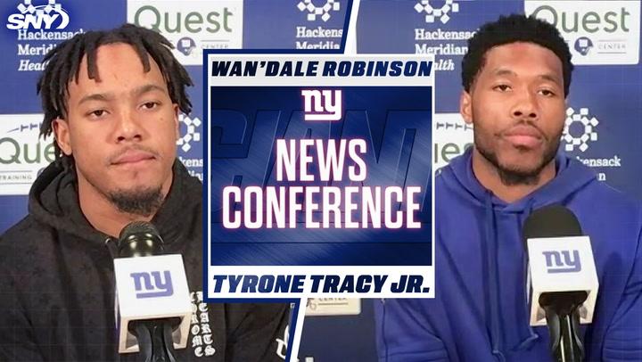 Wan'Dale Robinson and Tyrone Tracy Jr. speak at a Giants press conference, sharing optimism.